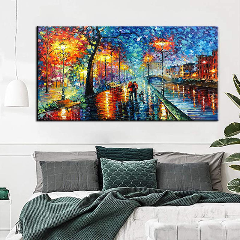 Reflejos vibrantes: pintura al óleo de paisaje urbano colorido