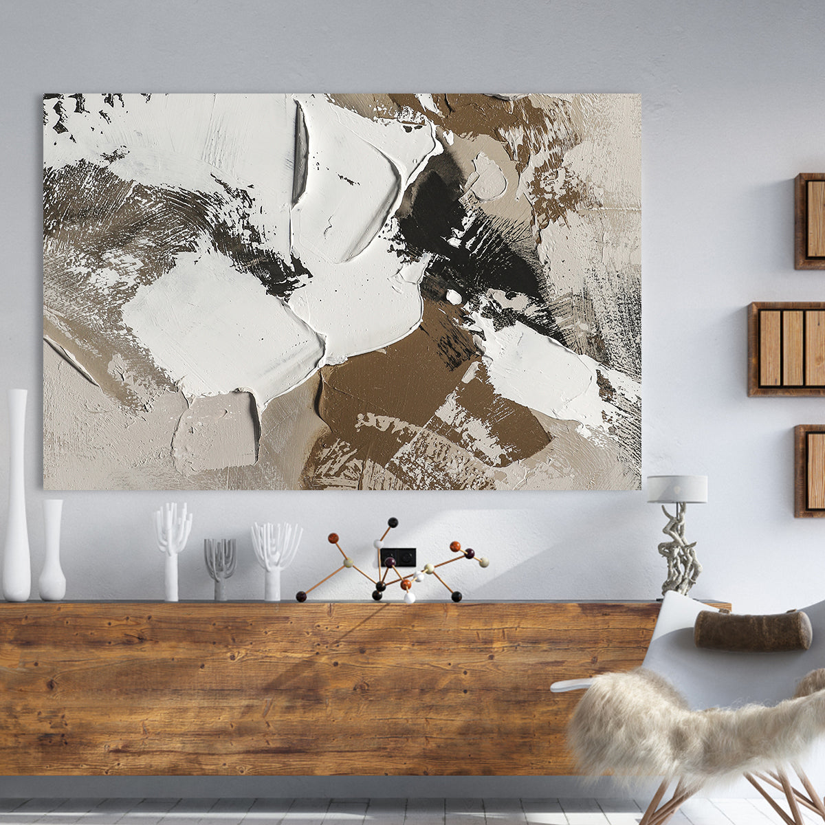 Abstract Textured White and Brown Oil Painting