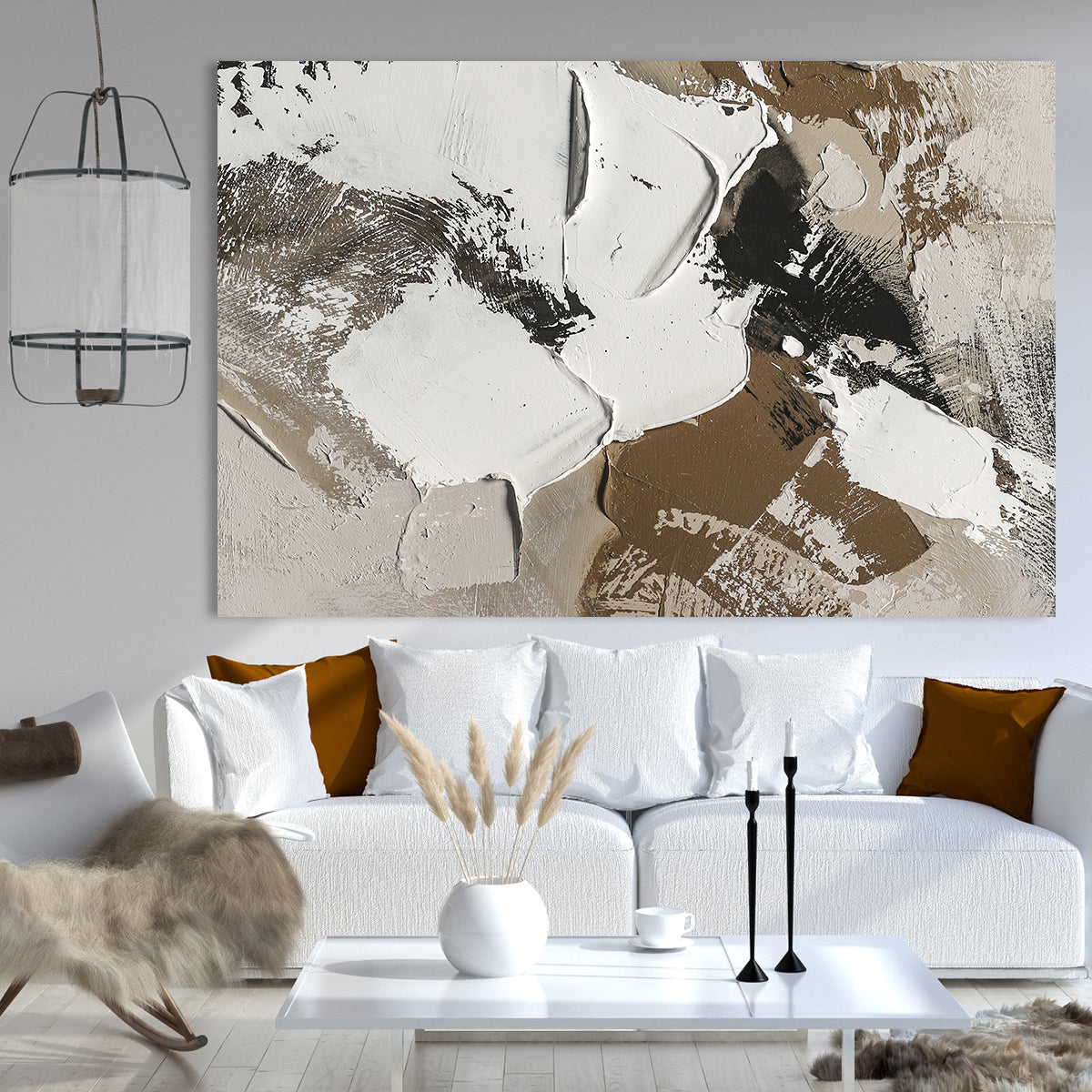 Abstract Textured White and Brown Oil Painting