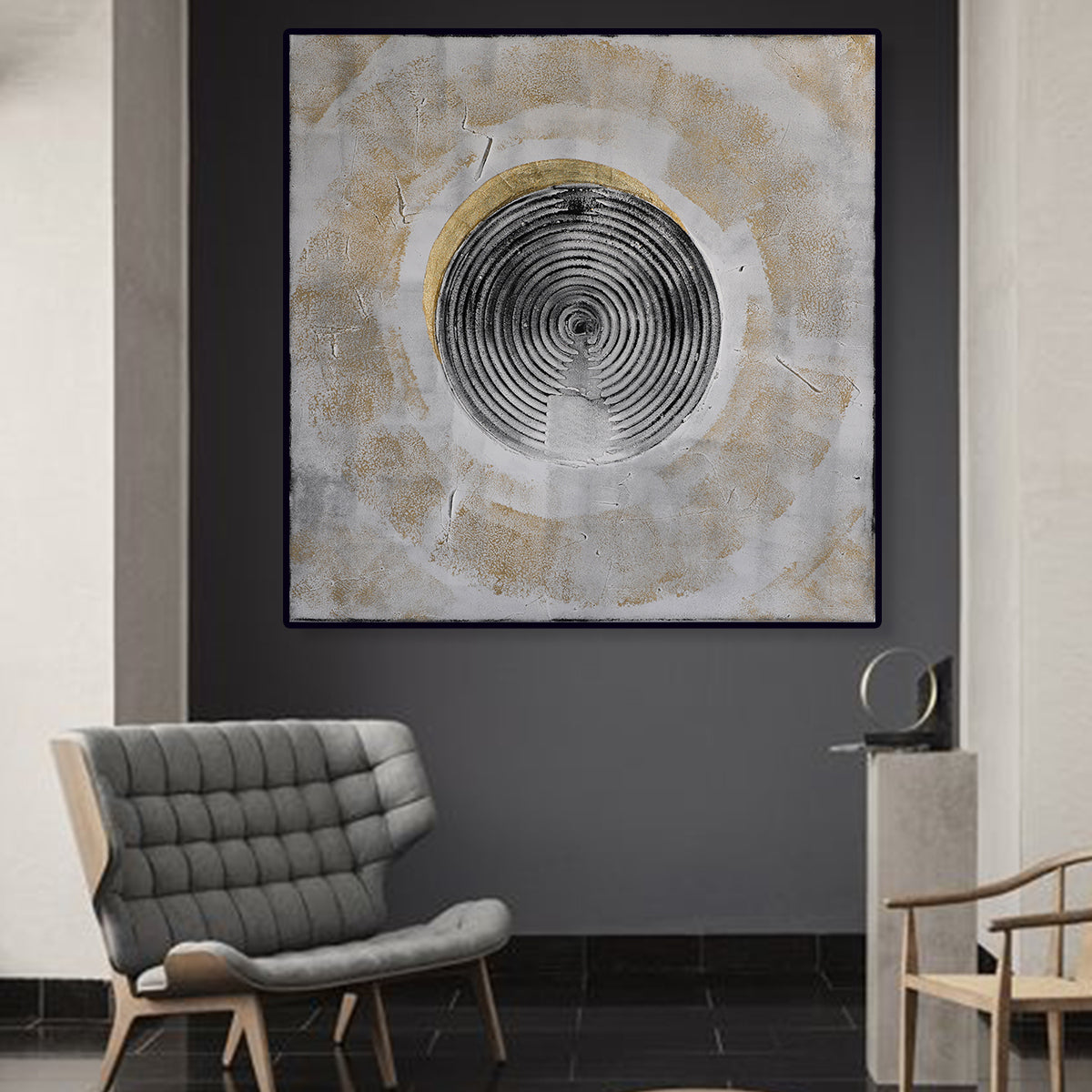 Golden Reverberations: Textured Abstract Spiral