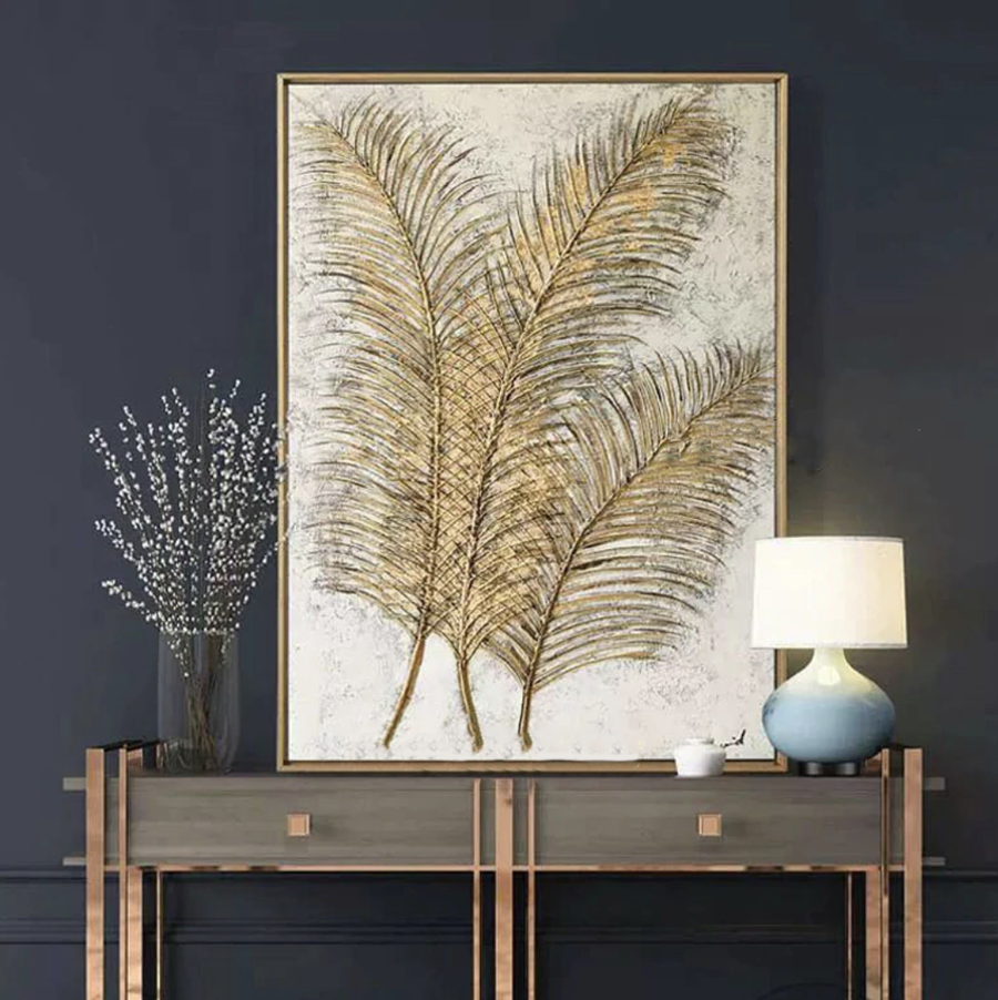 Golden Elegance: Leaf Art on Canvas