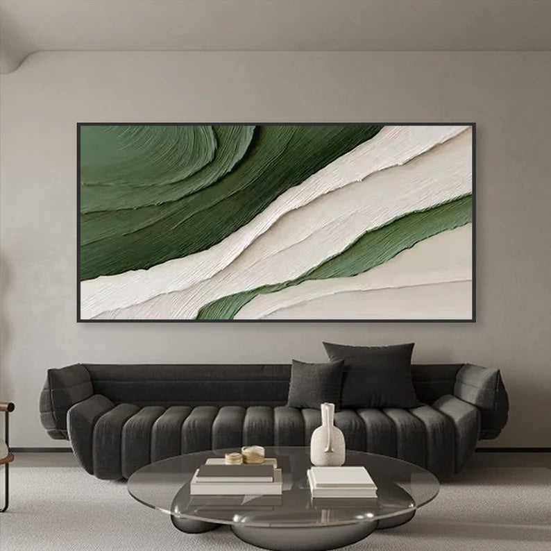 Green and White Textured Abstract Wall Art