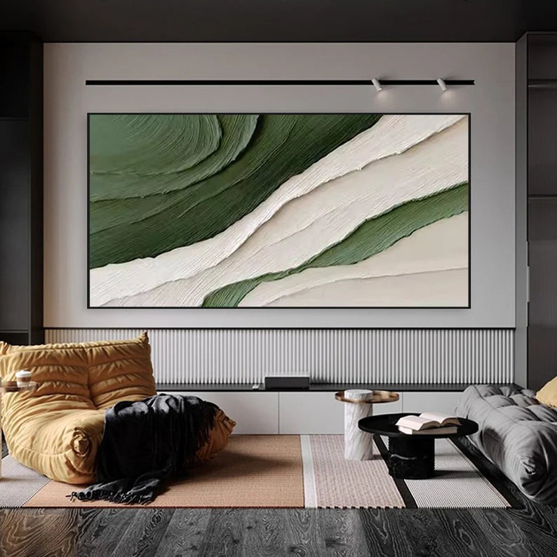 Green and White Textured Abstract Wall Art