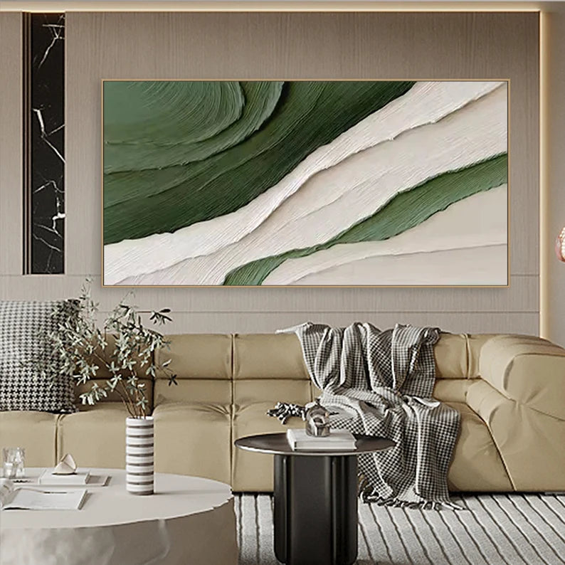 Green and White Textured Abstract Wall Art