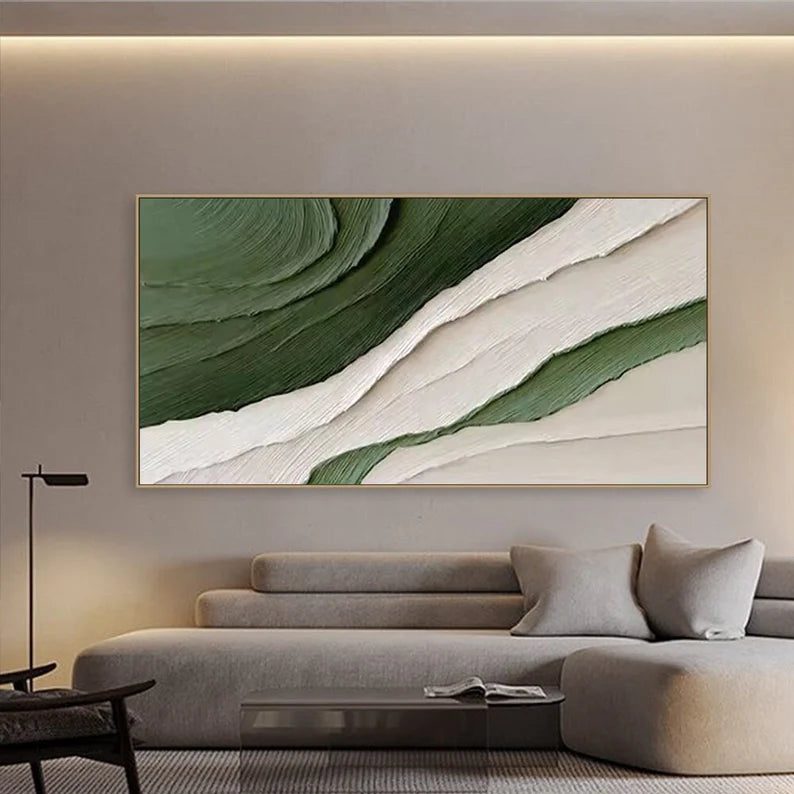 Green and White Textured Abstract Wall Art